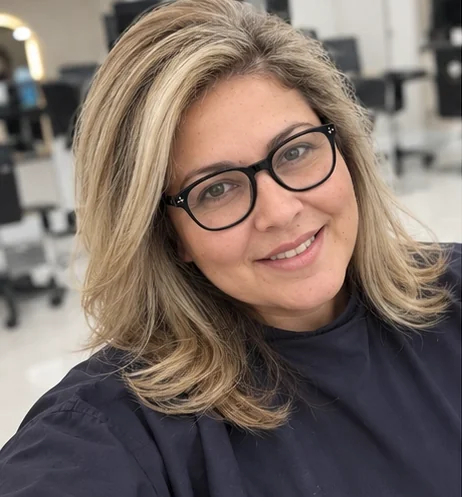 A client with blonde dimensional color and glasses