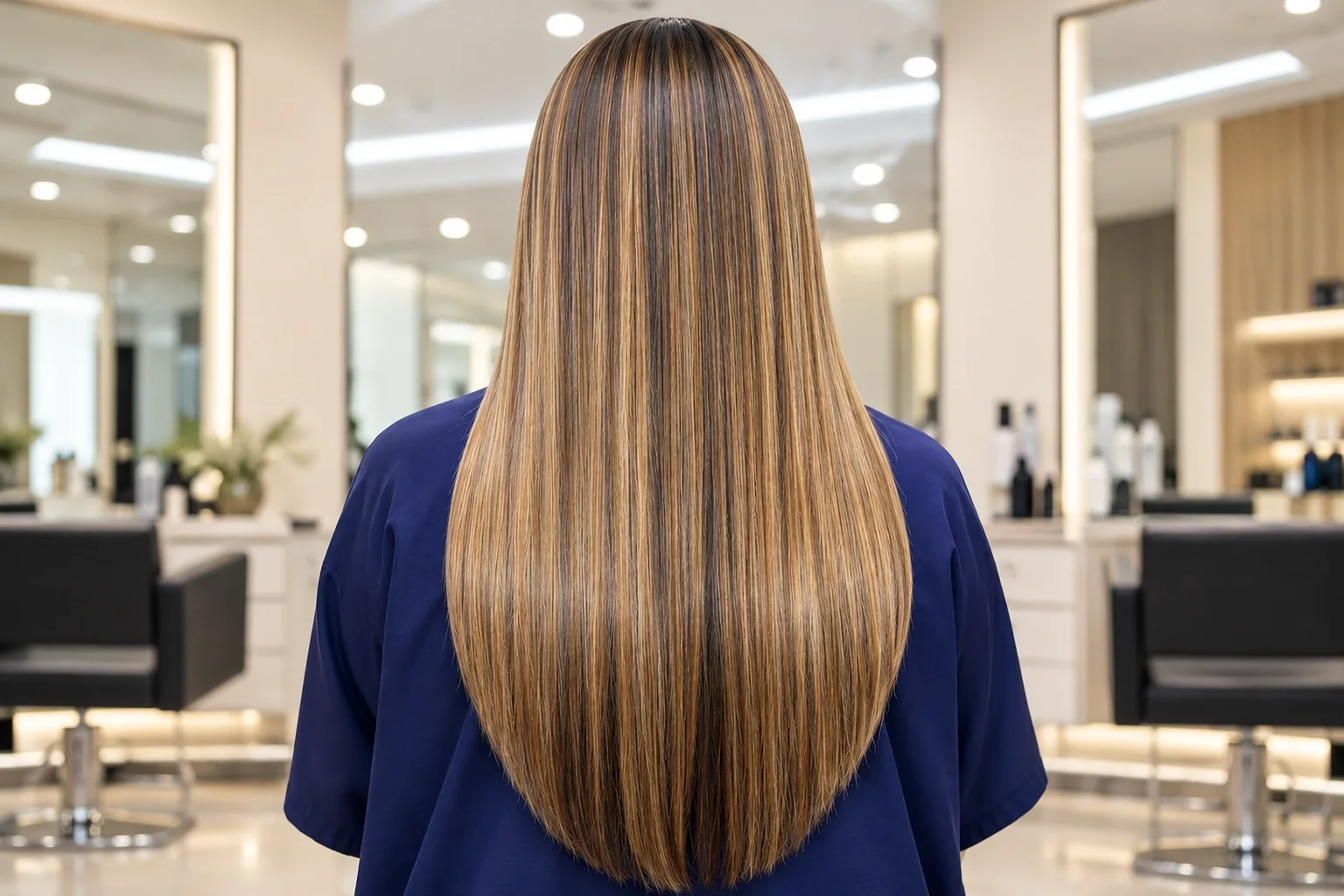 Cabello largo y liso con mechas caramelo después de un Italian-Smooth
