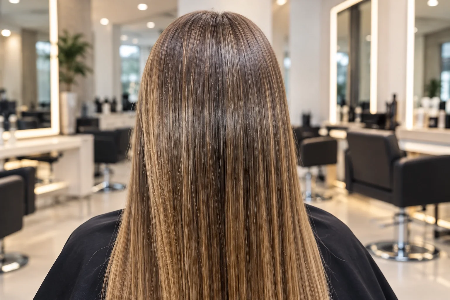 Cabello castaño claro largo, liso y brillante después de una keratina