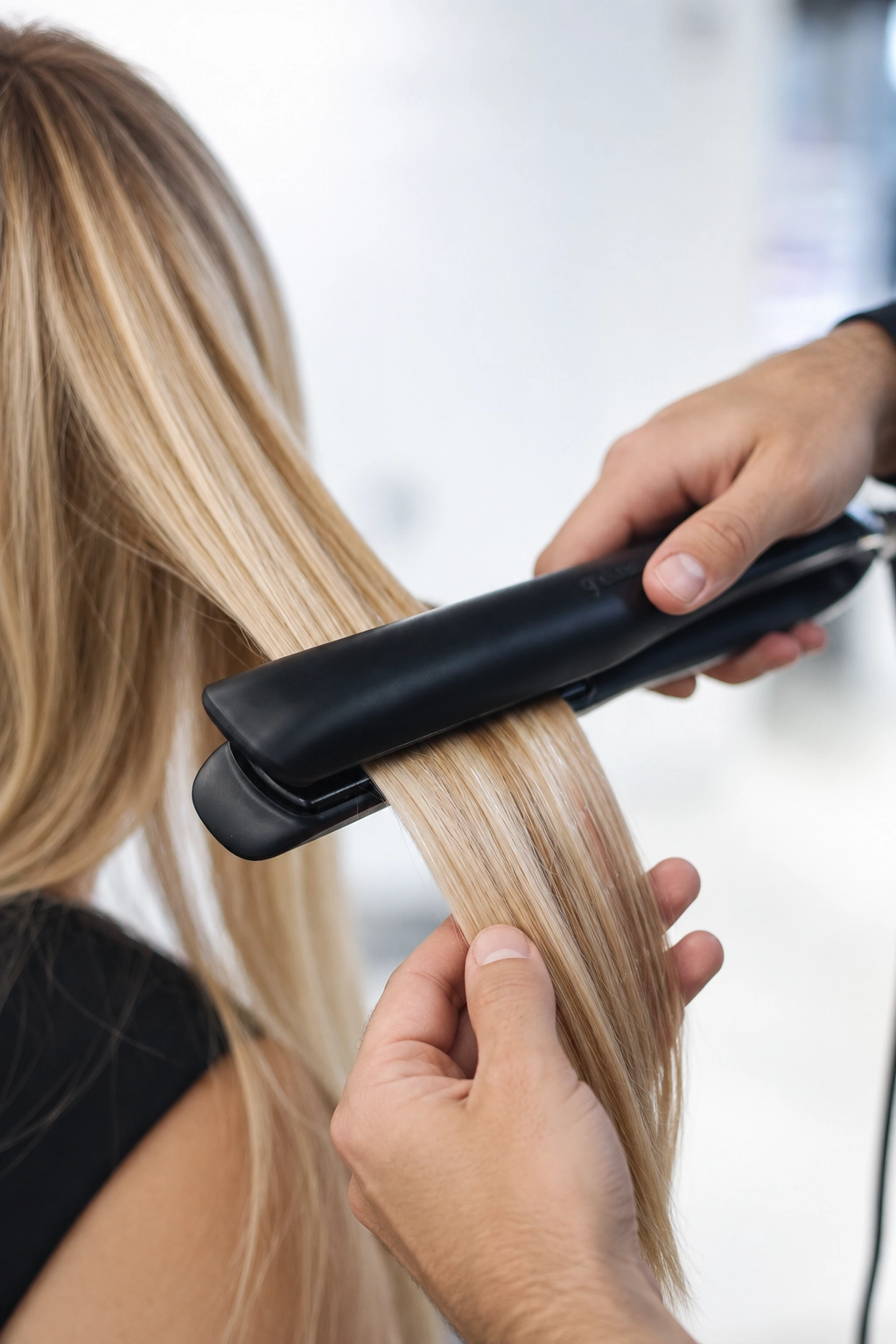 A flat iron smoothing blonde hair during a keratin treatment