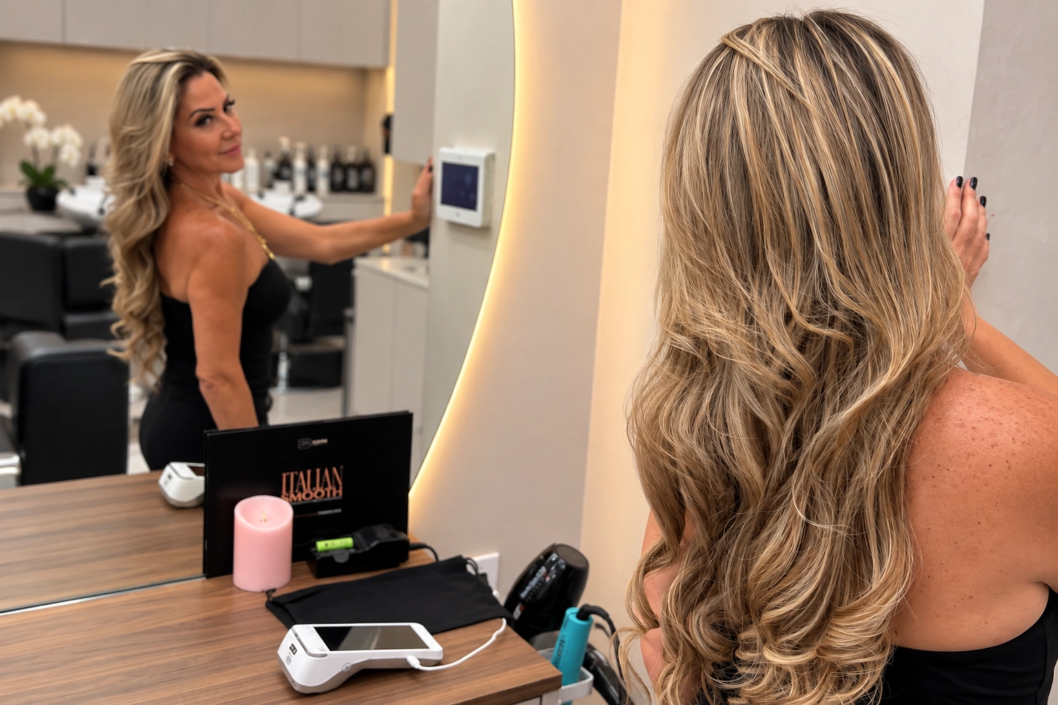 Long blonde waves seen from behind in front of a lit mirror