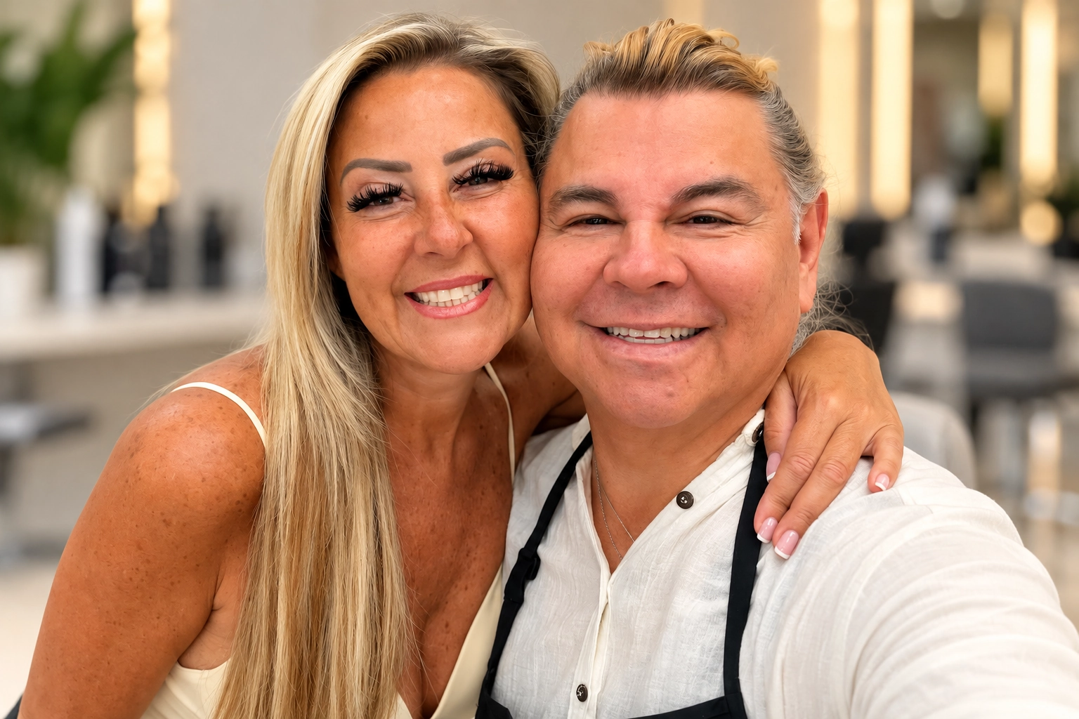 George Ivan Pena and a client smiling together in the salon